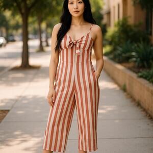 Womens Striped Cotton Linen Front Tie Jumpsuit  Medium Red White Resortwear